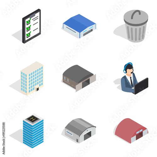 Industrial part of town icons set, isometric style photo
