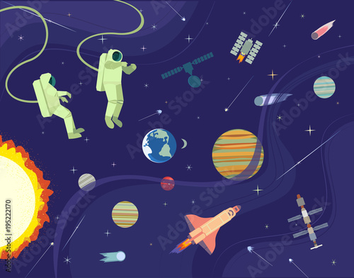 Fototapeta Naklejka Na Ścianę i Meble -  Astronaut in outerspace. Colorful abstract cartoon. Shuttle rocket, satellite in cosmos. Moon, Earth planet. Stars, comet, metheorite, space station background Universe banner Vector illustration