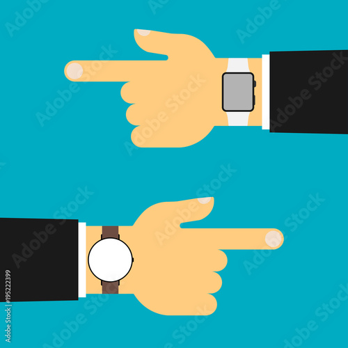 A flat hands. Business hand with a clock. Business hand with a smart clock photo