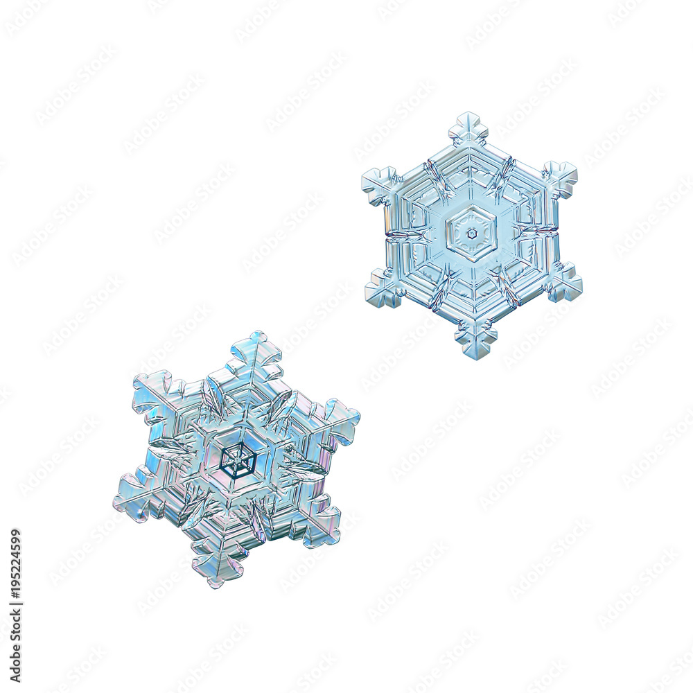 Two snowflakes isolated on white background. Macro photo of real snow crystals: small star plates with short, broad arms, glossy relief surface, fine hexagonal symmetry and beautiful inner patterns.