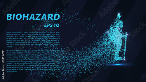 The biohazard of the particles. Man in protective suit. Vector illustration.