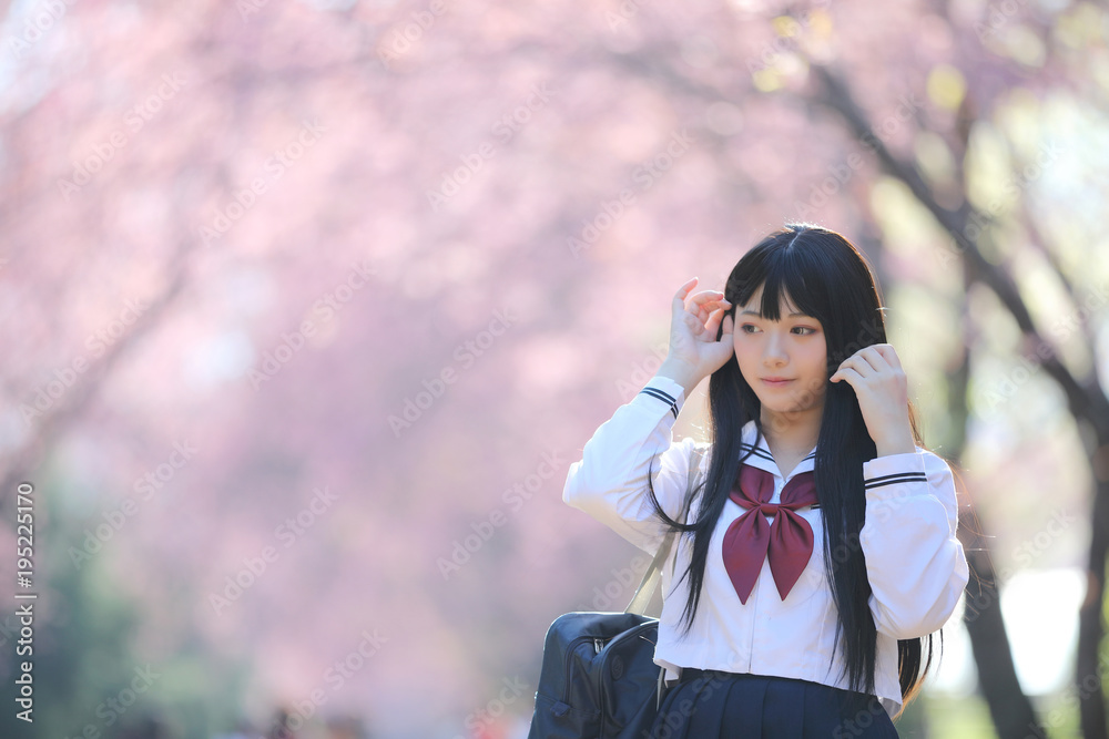 Japanese school girl dress with sakura flower nature walkway