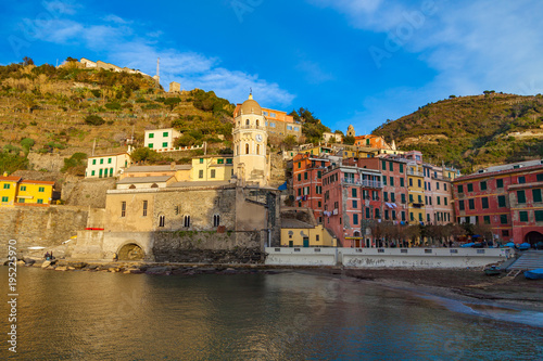 Vernazza village center with church and houses at down  Cinque Terre national park  Liguria  Italy.