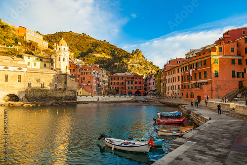 VERNAZZA, ITALY - DECEMBER 22, 2017: Vernazza village center with church and houses at down, Cinque Terre national park, Liguria, Italy.