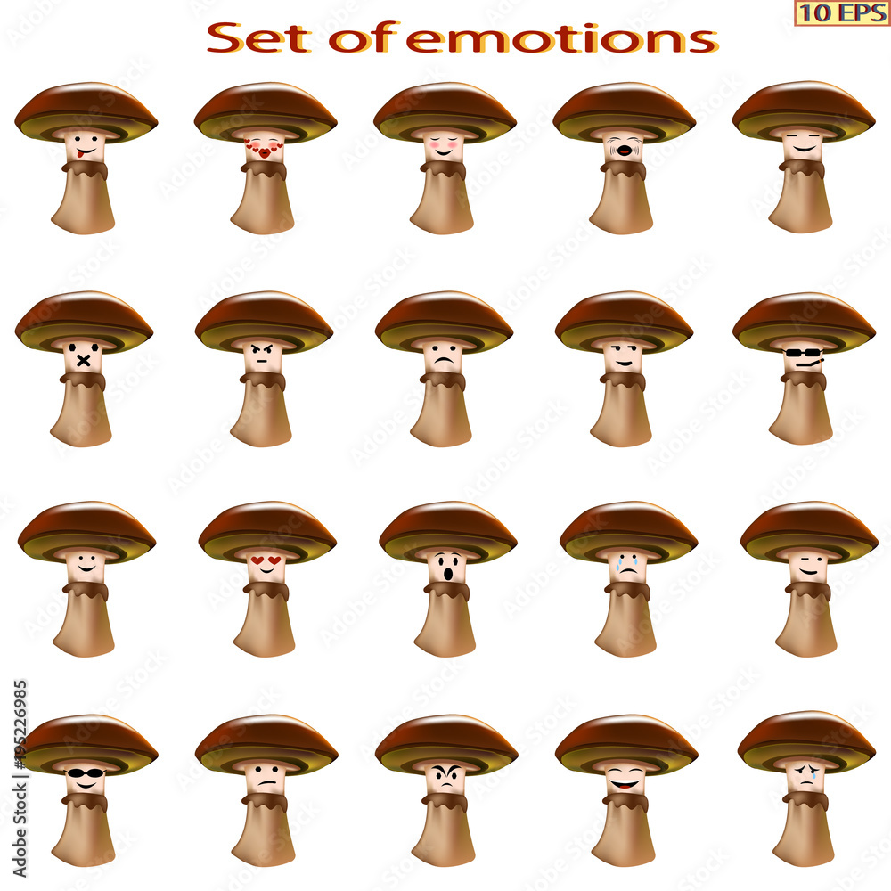 Set of emoticon. Mood. Icons cartoon mushrooms with different emotions. Smiley icons for web design. Icons from fungi. Different characteristic expressions. Vector illustration. Set of emoticon. Mood. Icons cartoon mushrooms with different emotions. Smiley icons for web design. Icons from fungi. Different characteristic expressions. Vector illustration.