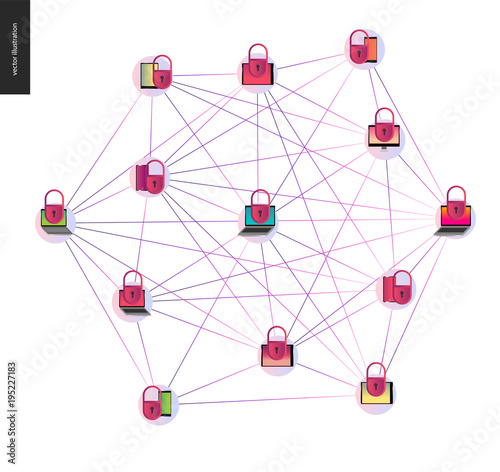 Blockchain concept vector illustration - scheme showing the cryptocurrency transaction processing and user connection