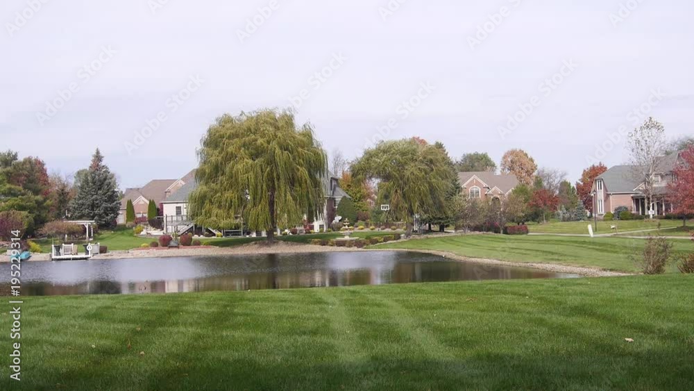 Small Breeze In Trees Near Water Source, Grass And Houses - Static Small Breeze In Trees Near Water Source, Grass And Houses - Static