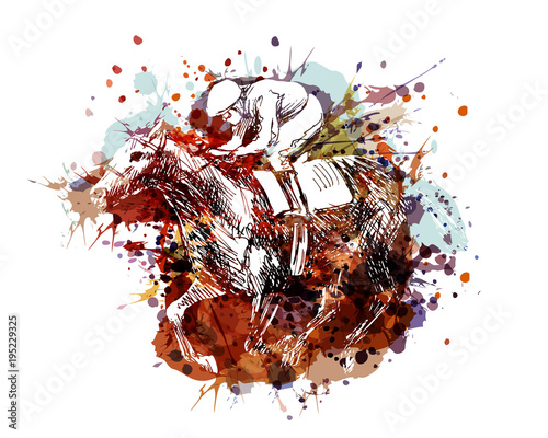 Vector color illustration of a rider with a horse