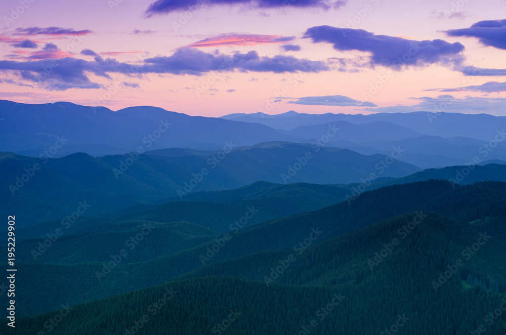 Carpathian mountains summer sunset landscape with dramatic pink sky, natural background Carpathian mountains summer sunset landscape with dramatic pink sky, natural background