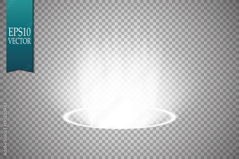 Obraz premium Magiczny portal fantasy. Futurystyczny teleport. Efekt świetlny. Promienie świetlne sceny nocnej i iskry na przezroczystym tle. Pusty efekt świetlny podium. Klub dyskotekowy na parkiecie.