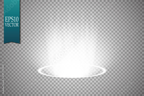 Magic portal of fantasy. Futuristic teleport. Light effect. Light rays of the night scene and sparks on a transparent background. Empty light effect of the podium. Disco club of the dance floor.
