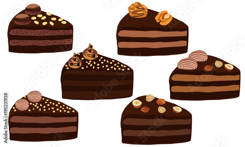 Set of chocolate cake with nuts and cream.  Portion. Cake cut sliced with cuttings. A piece of chocolate cake. Dessert close-up isolated on white background. Vector illustration.