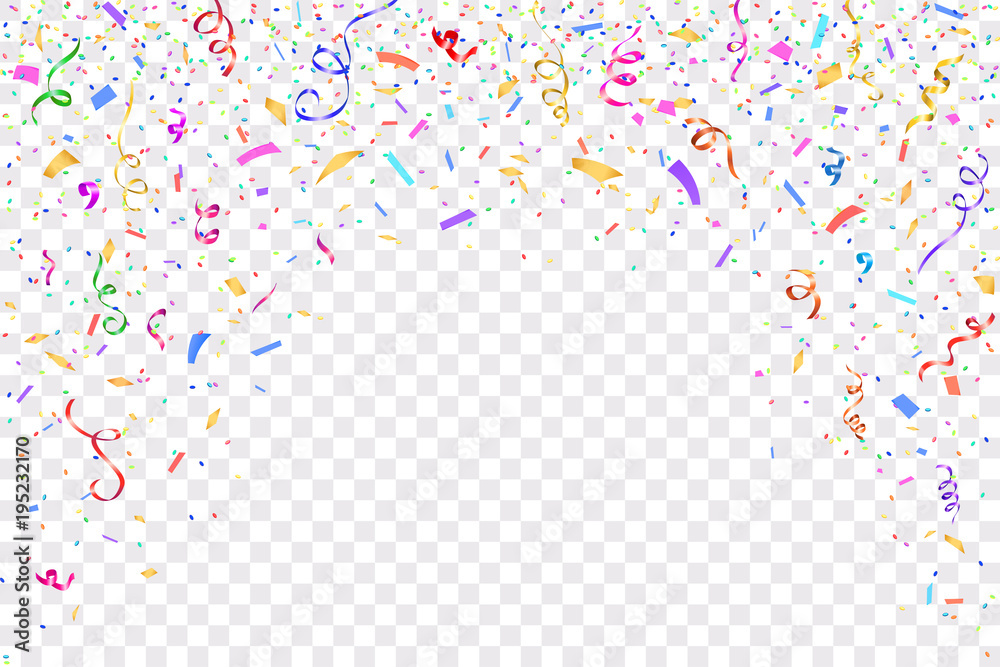 Festive design. Border of colorful bright confetti isolated on transparent background. Party decoration frame for birthday, anniversary, celebration. Vector illustration, eps 10. - obrazy, fototapety, plakaty 