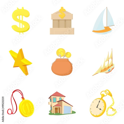 Material welfare icons set, cartoon style