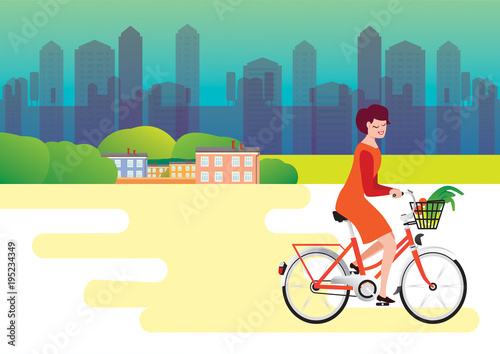 City style woman riding on a bicycle with goods in a baske, vector illustration (ID: 195234349)
