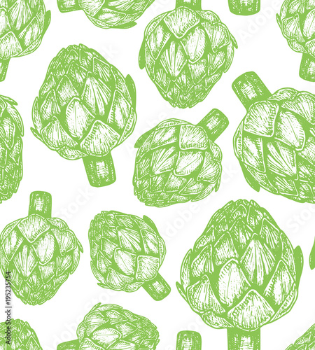 Hand drawn vector illustration of artichoke sketch style. Seamless pattern with vegetables. Appetizing colors