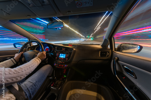 Fototapeta Naklejka Na Ścianę i Meble -  Car speed night drive on the road in city