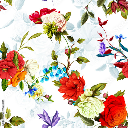 Poppy, wild rose, cornflowers, lily of the valley with leaves on white. Seamless background pattern. Watercolor, hand drawn. Vector stock © iMacron
