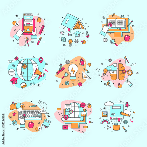 Education icons vector illustration and learning symbols of schooling and graduation set of school educational science books learned by students isolated on background