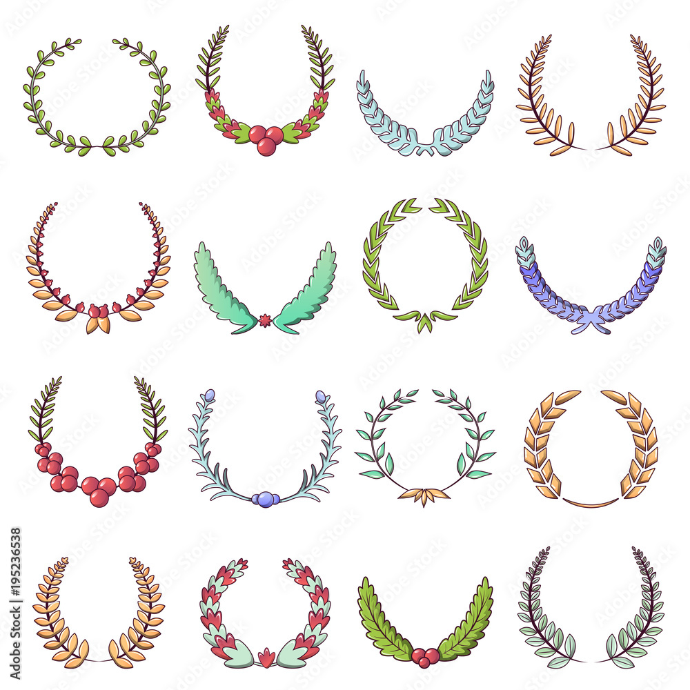 Laurel wreath icons set, cartoon style Laurel wreath icons set, cartoon style