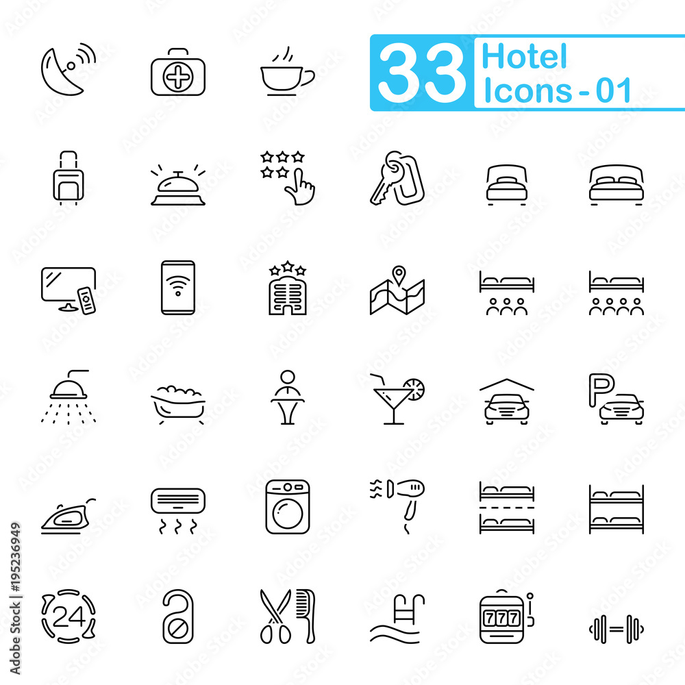 Hotel and hotel services outline icons