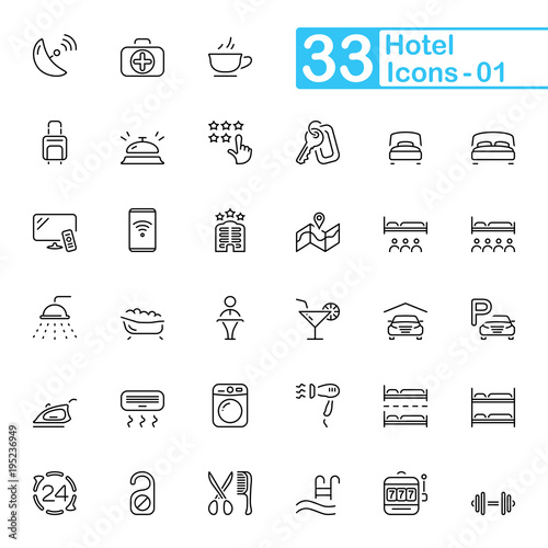 Hotel and hotel services outline icons