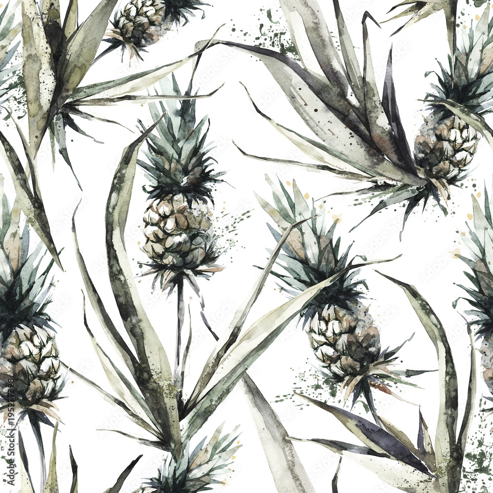 Seamless pattern with pineapples and leaves. Tropical summer watercolor ...