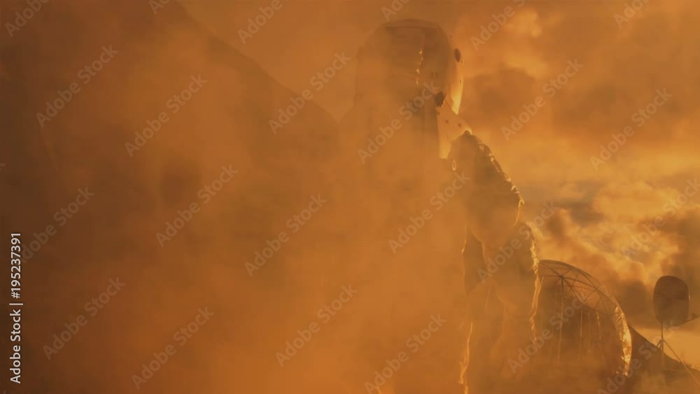 Following Shot of the Astronaut On Mars Walking Toward His Base/ Research Station. Manned Mission To Mars, Technological Advance Brings Space Exploration, Colonization. 