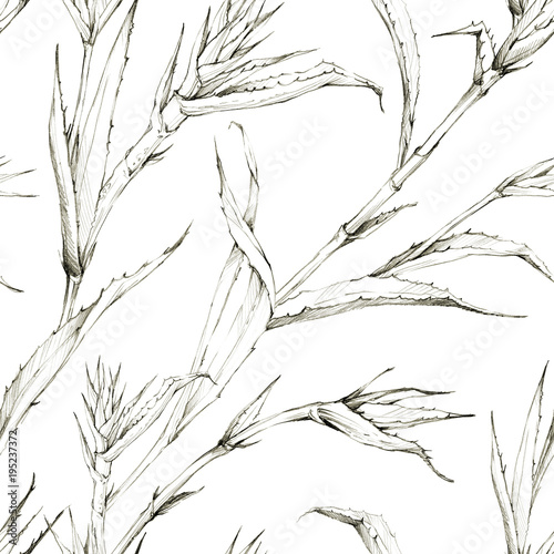 Seamless pattern with pineapple sprouts and leaves. Tropical summer graphic illustration. Botanical texture in beige shades. Monochrome design. Perfect for a poster, printing on fabric.