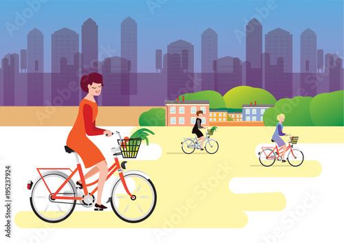 City style woman riding on a bicycle with goods in a baske, vector illustration (ID: 195237924)