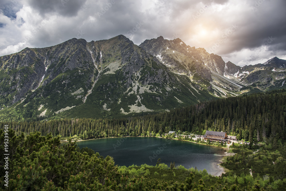 Mountain landscape on the background of the lake. High Tatras.