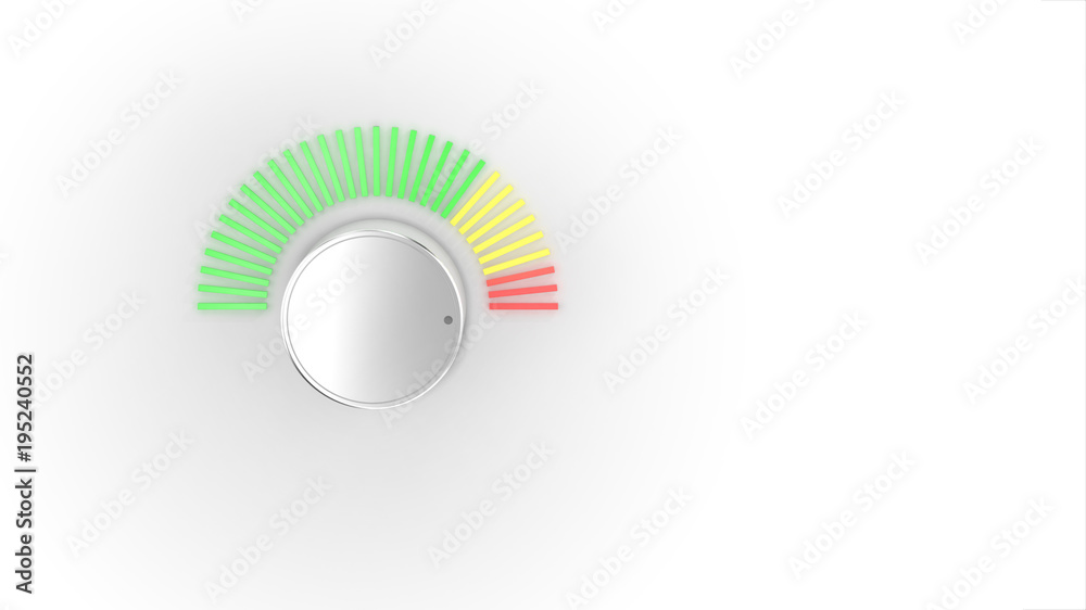 A chrome audio volume knob turning up with a green, yellow, and red spectrum LED light meter over a bright white background. 3D Illustration. A chrome audio volume knob turning up with a green, yellow, and red spectrum LED light meter over a bright white background. 3D Illustration.