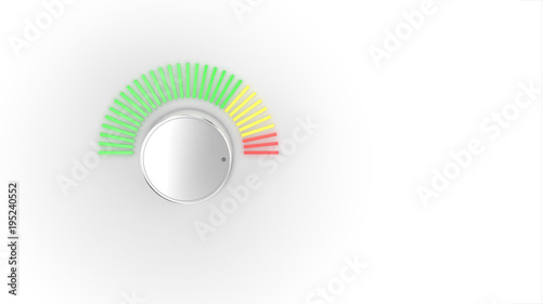 A chrome audio volume knob turning up with a green, yellow, and red spectrum LED light meter over a bright white background.  3D Illustration.