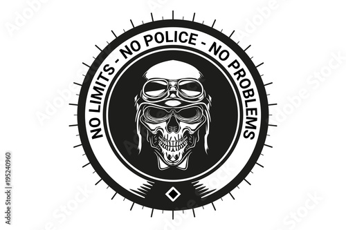 Skull biker in motorcycle helmet, emblem. The inscription on the icon - no limits no police no problems