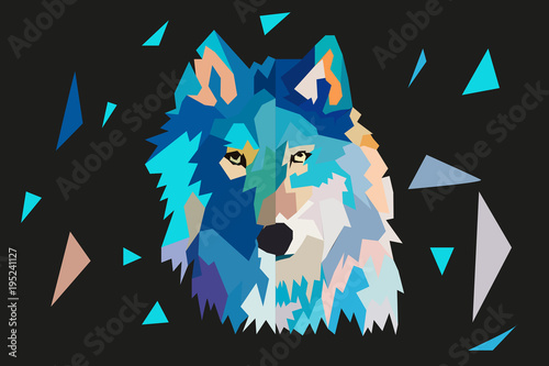  head of a wolf.  low poly. black background