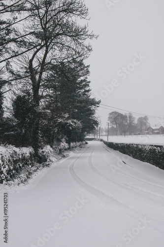 Принти на полотні Very dangerous roads in the peak of Storm Emma which hit Ireland at the start of March: no tire markings on the roads, no one traveling during red weather warning