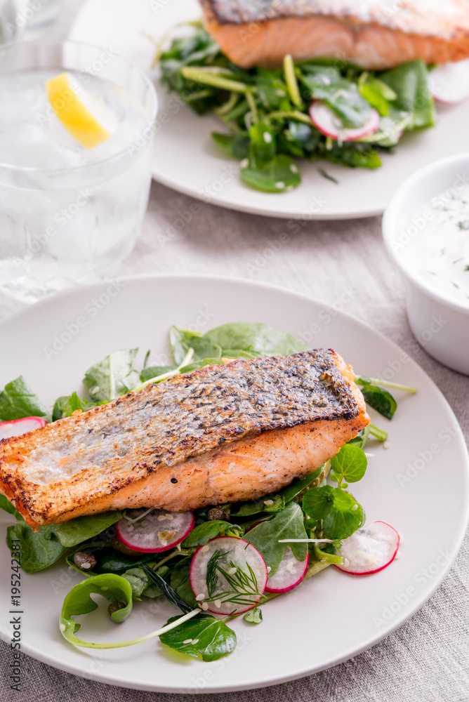 Roasted salmon fillets with spinach and radish salad. Roasted salmon fillets with spinach and radish salad.