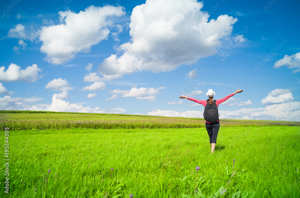 Happy woman feeling walking in a green meadow. Happy woman feeling walking in a green meadow.