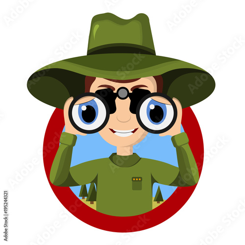 Park ranger looking through binocular and keep an eye on everything on guard. Vector illustration