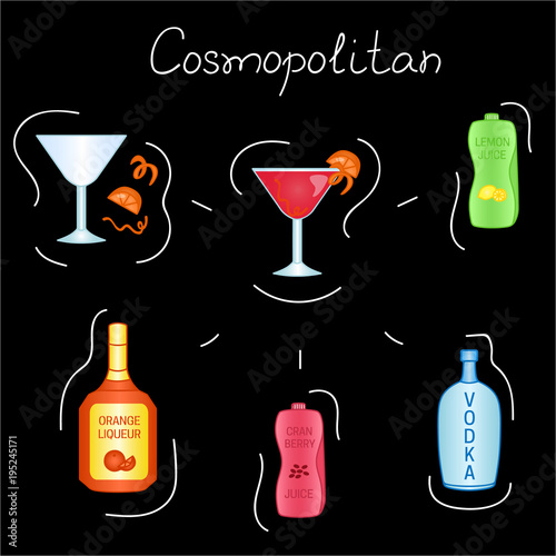 Cosmopolitan Cocktail ingredients isolated vector colorful illustration