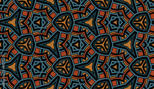 Seamless ornamental pattern of teal, orange, brown, black, and blue shades