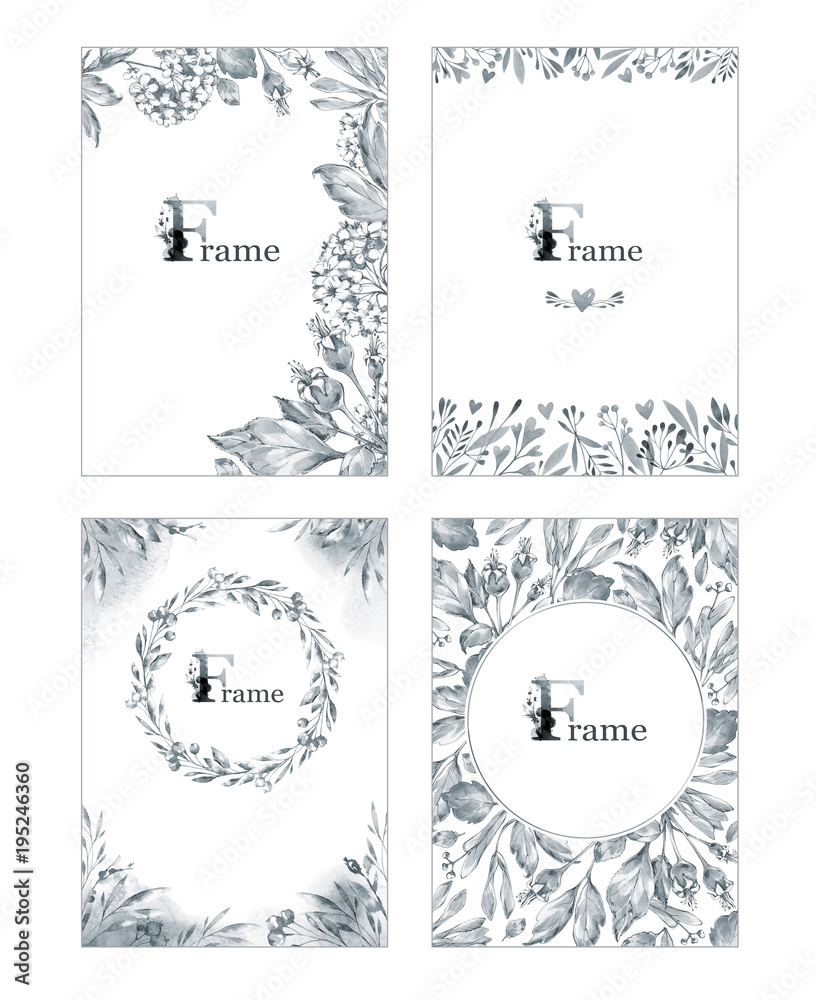 Hand painted frames collection with flowers and leaves. Nature watercolor illustration in blue shades. Wedding invitation templates. Perfect for event and stationary desings.