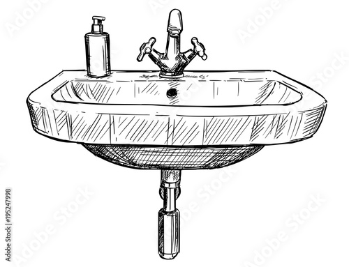 Vector artistic pen and ink hand drawing illustration of sink in bathroom.
