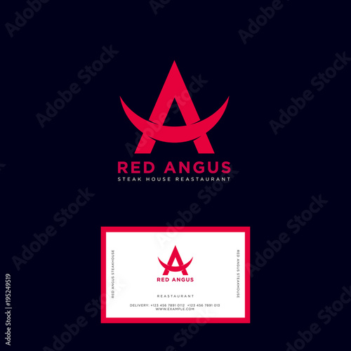 Red Angus logo. Steak house emblems. Angus beef steak restaurant. Beef meat icon. Red letter A with bull horns.