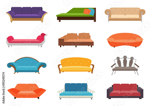 Sofa colored vector set. Comfortable couch collection isolated on white background for interior design. Collection of sofa illustration