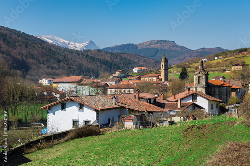 Typical Basque landscape of its snowy valleys and mountains, Ubidea, Spain