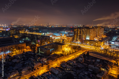 Night Voronezh aerial cityscape from rooftop. Residential area
