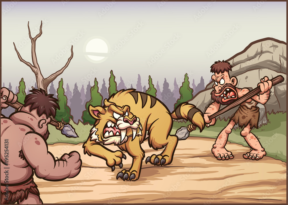 Cartoon cavemen hunting a saber tooth. Vector clip art illustration ...