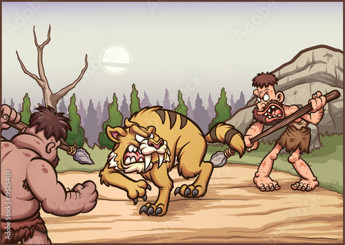 Cartoon cavemen hunting a saber tooth. Vector clip art illustration with simple gradients. Some elements on separate layers. 