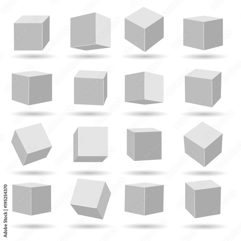 Vecteur Stock White cubes. Geometry modeling cube set isolated on white  background, miscellaneous angles dimensional and perspective vector blocks  models | Adobe Stock